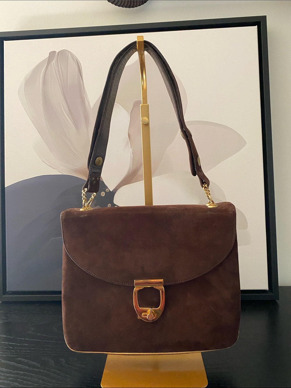 Rare Vintage 60’s Varon Brown Suede Bag With Gold Tone Hardware and Trim